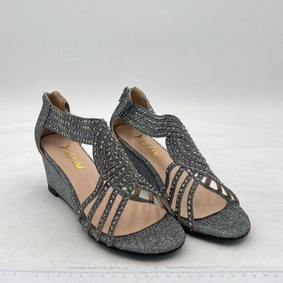 YDN Grey Wedge Glitter Open Toe Rhinestones Cross Over Straps Mid Heels Sandals - Picture 4 of 8